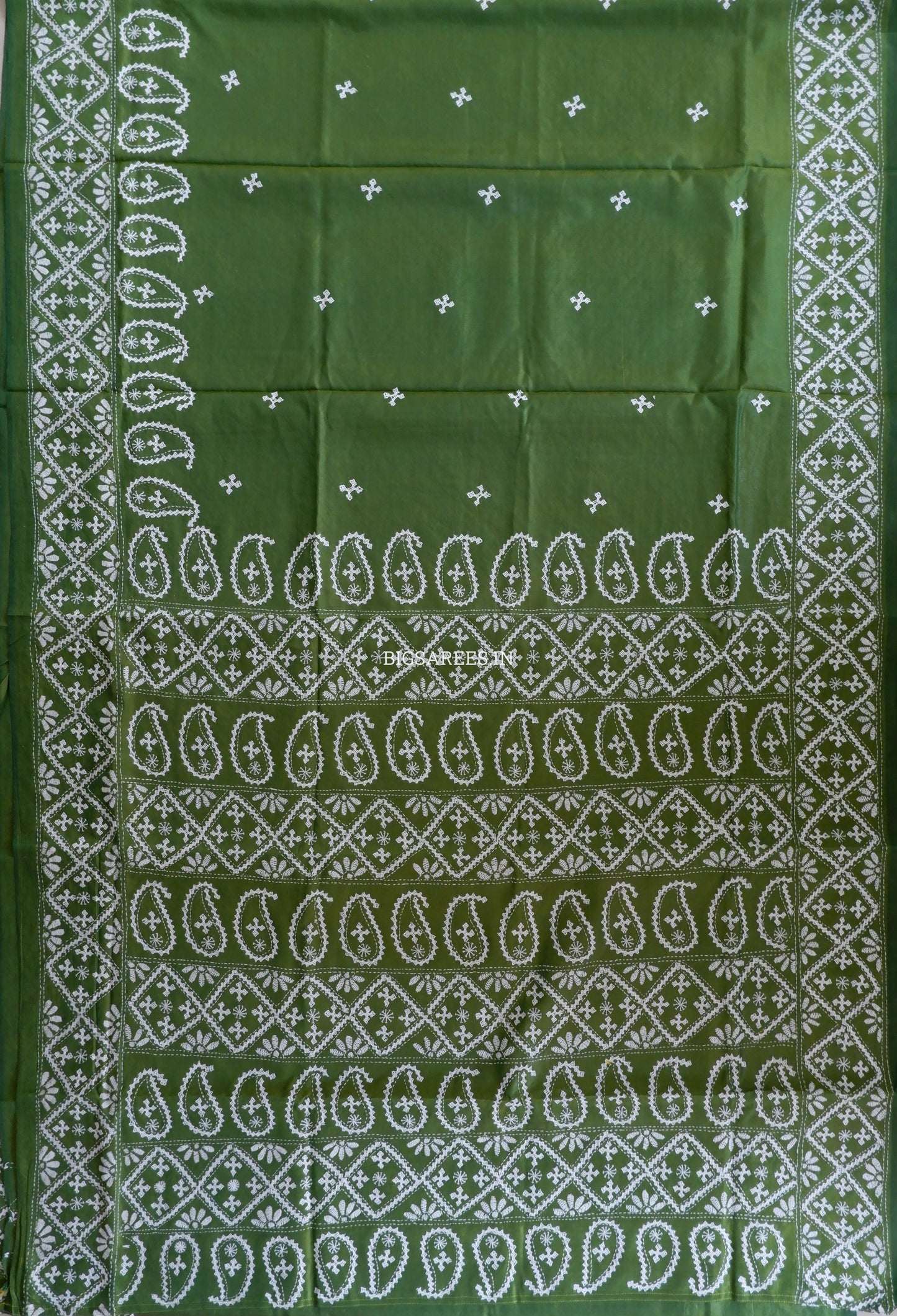 Kutchi/Gujarati Hand Embroidered Saree  | Blended Bangalore Silk / Art Silk | Green