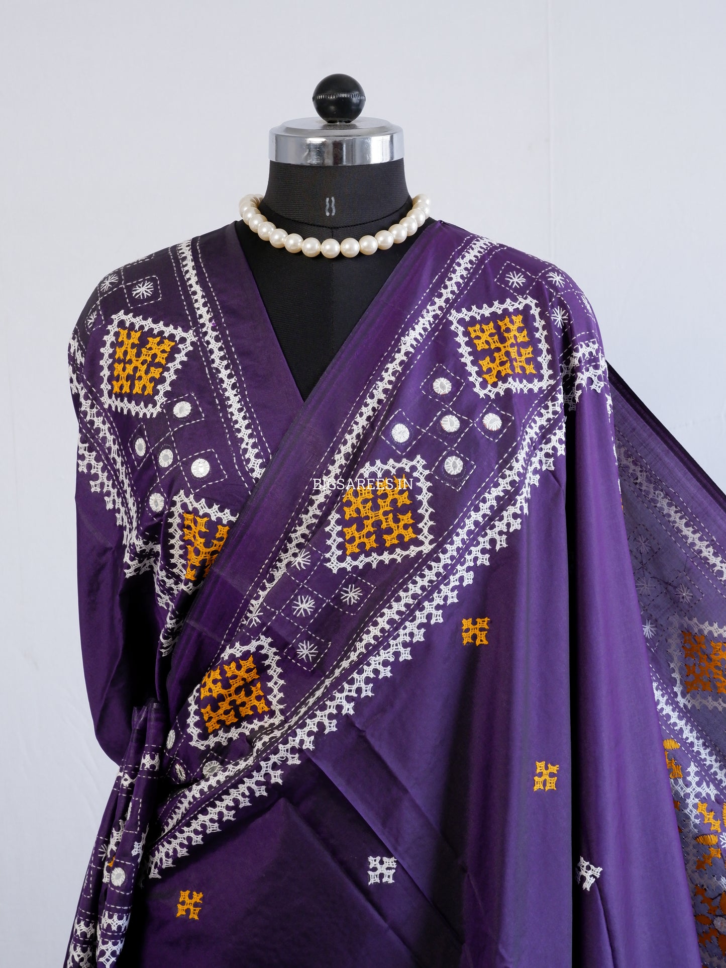 Kutchi/Gujarati Hand Embroidered Saree  | Blended Bangalore Silk / Art Silk | Dark Violet
