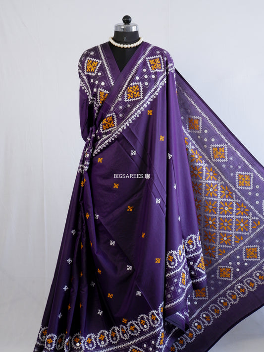 Kutchi/Gujarati Hand Embroidered Saree  | Blended Bangalore Silk / Art Silk | Dark Violet
