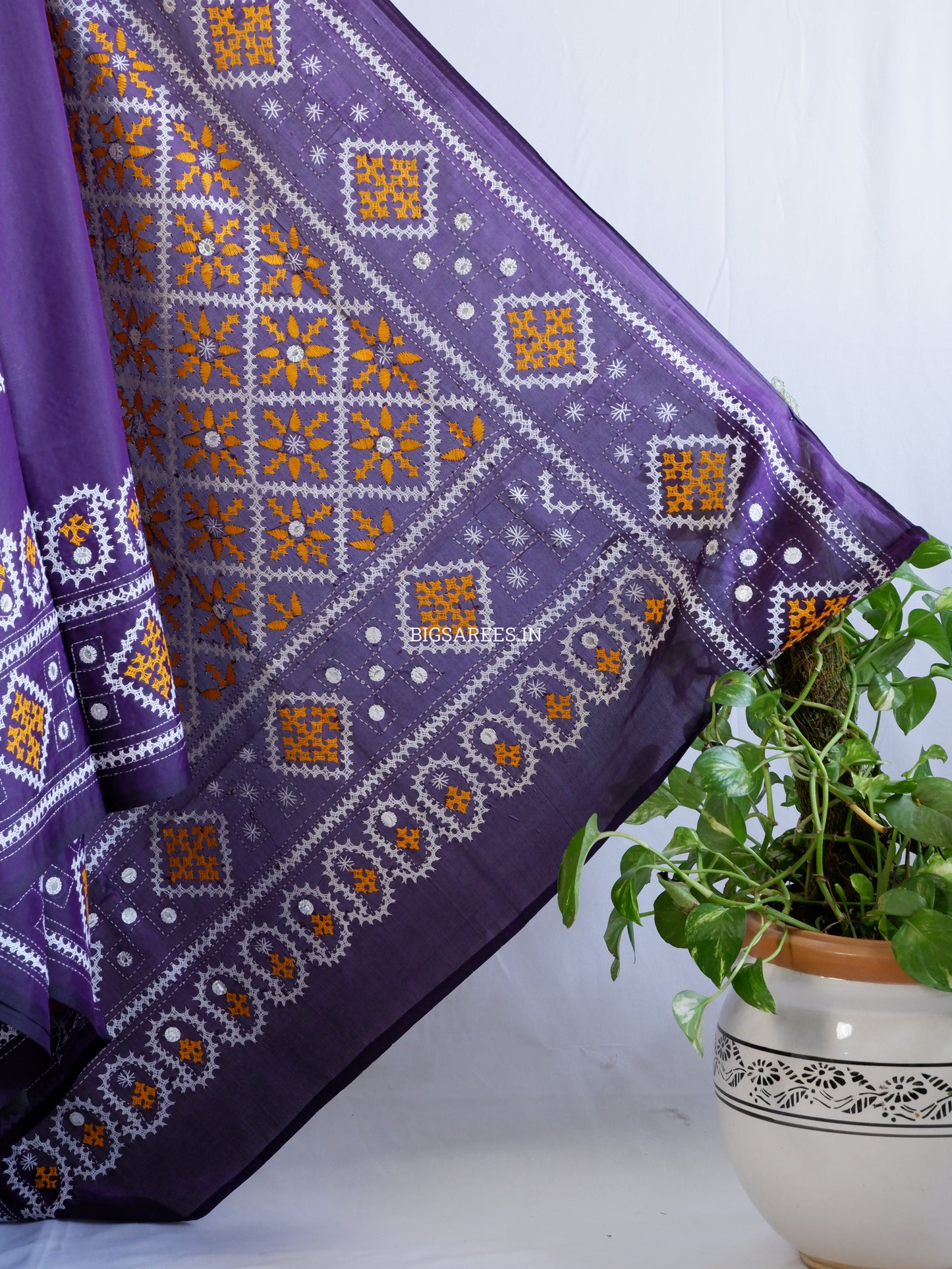 Kutchi/Gujarati Hand Embroidered Saree  | Blended Bangalore Silk / Art Silk | Dark Violet