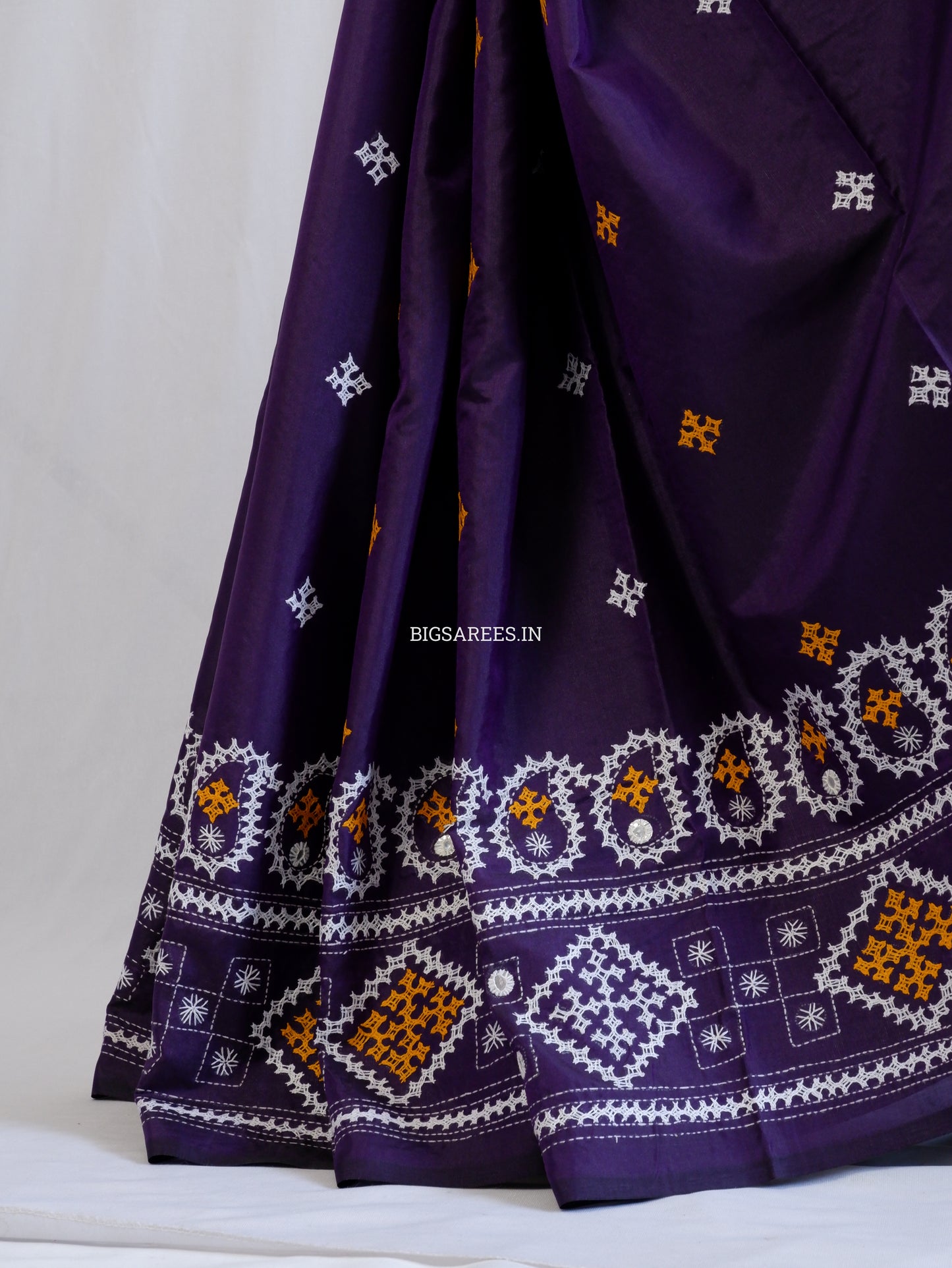 Kutchi/Gujarati Hand Embroidered Saree  | Blended Bangalore Silk / Art Silk | Dark Violet