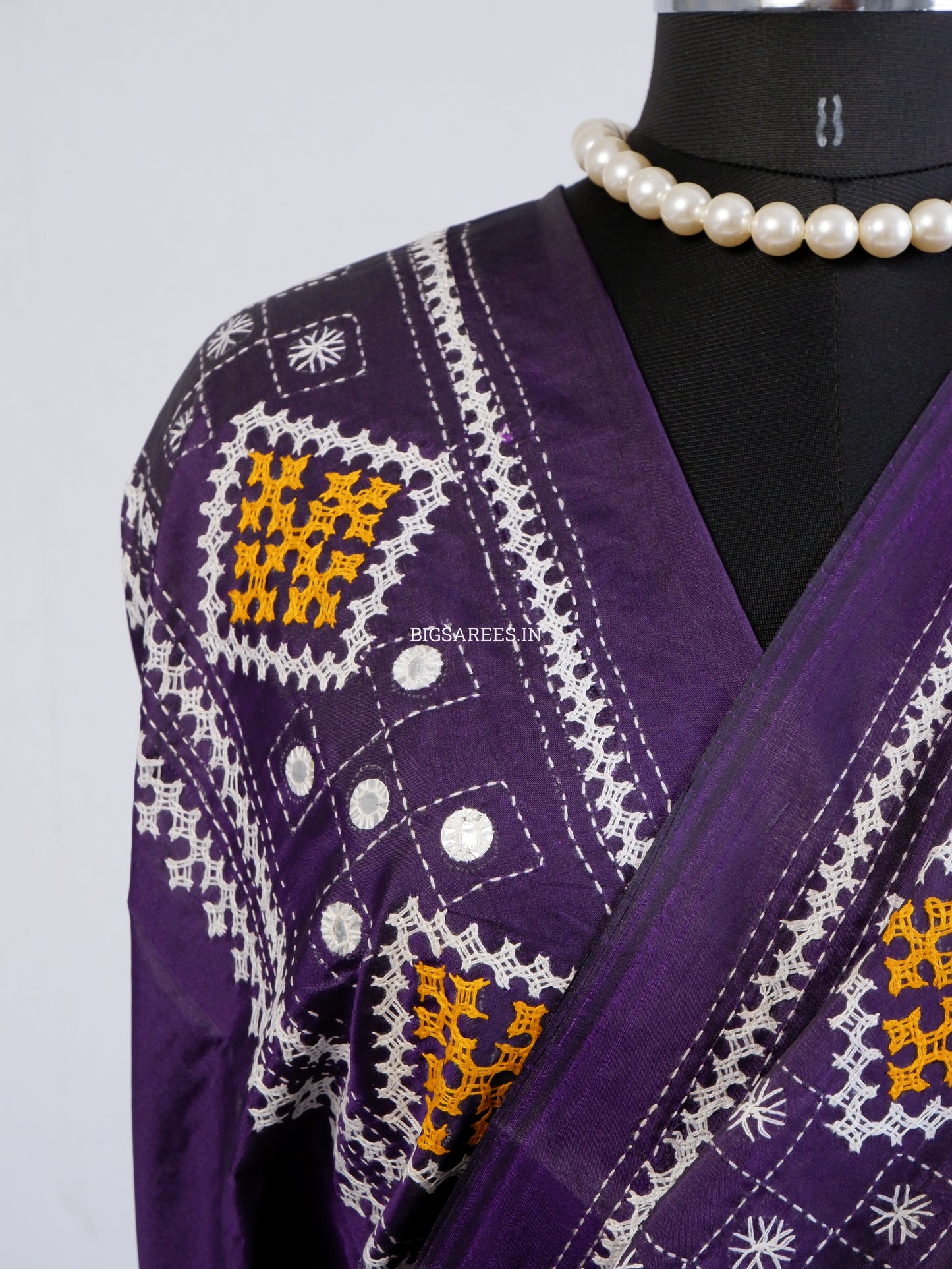 Kutchi/Gujarati Hand Embroidered Saree  | Blended Bangalore Silk / Art Silk | Dark Violet