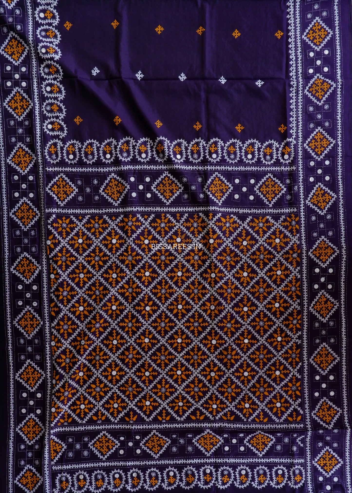 Kutchi/Gujarati Hand Embroidered Saree  | Blended Bangalore Silk / Art Silk | Dark Violet