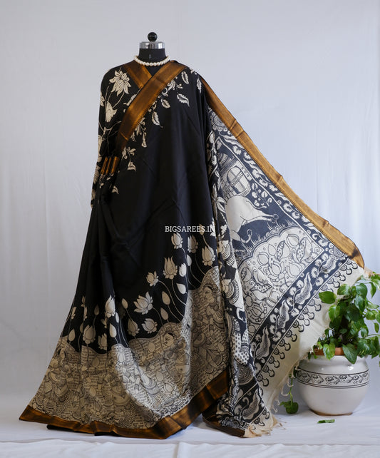 Pen Kalamkari Hand-Painted Saree with Blouse | Mangalgiri Silk | Black & White