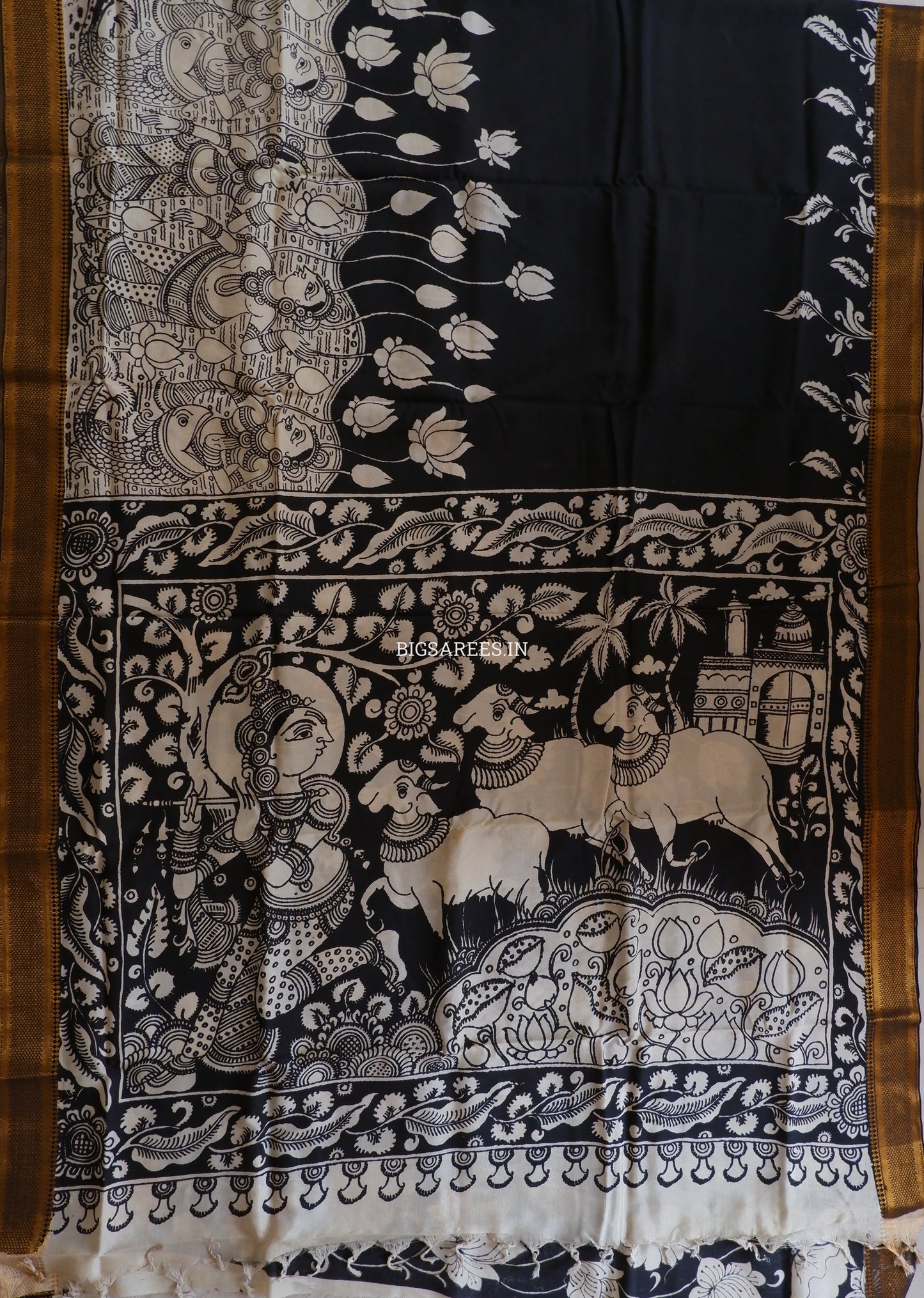 Pen Kalamkari Hand-Painted Saree with Blouse | Mangalgiri Silk | Black & White