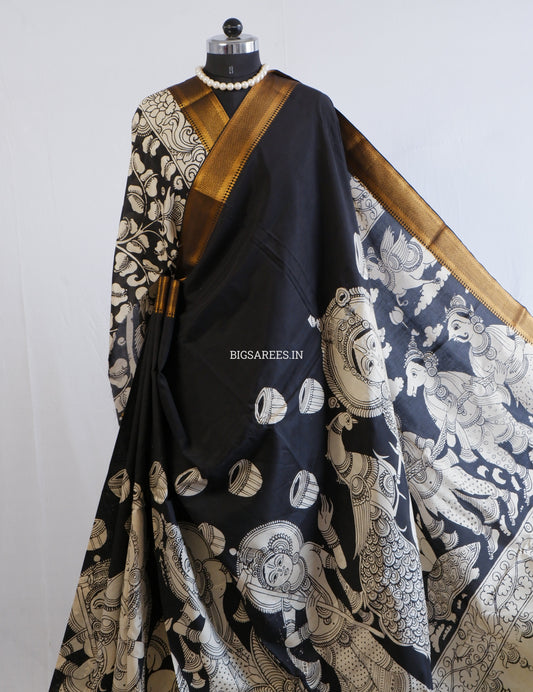 Pen Kalamkari Hand-Painted Saree with Blouse | Mangalgiri Silk | Black & White