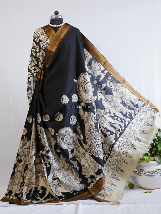 Pen Kalamkari Hand-Painted Saree with Blouse | Mangalgiri Silk | Black & White