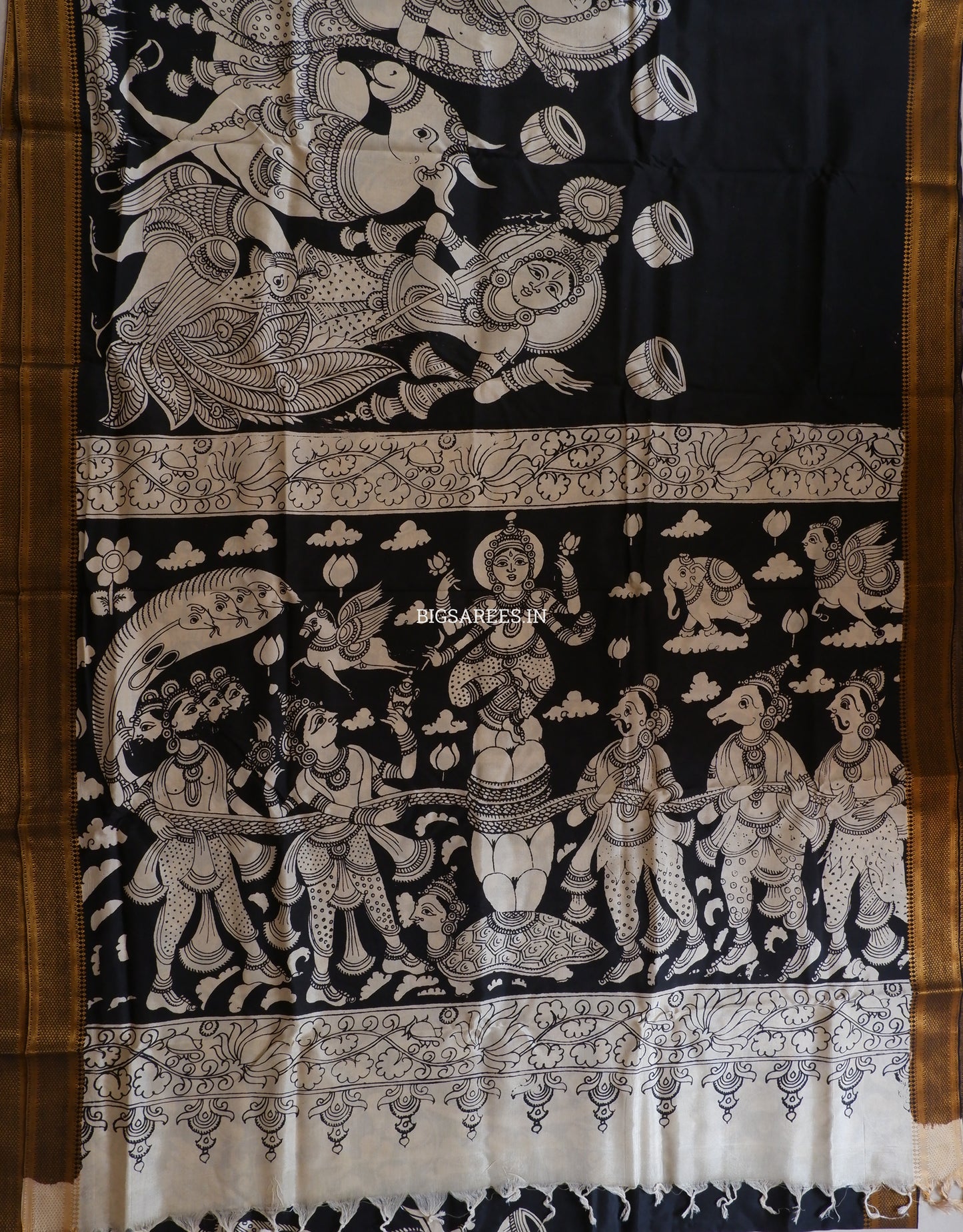 Pen Kalamkari Hand-Painted Saree with Blouse | Mangalgiri Silk | Black & White