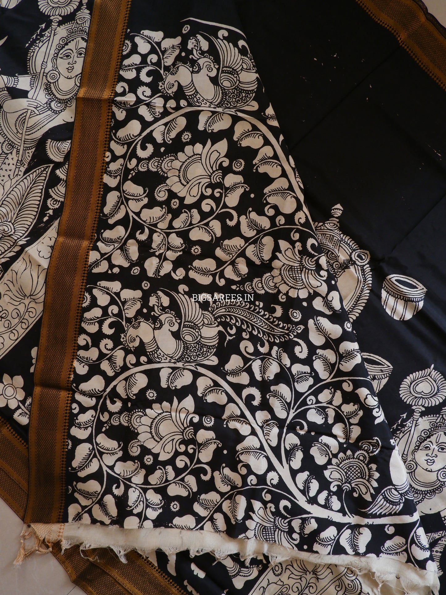Pen Kalamkari Hand-Painted Saree with Blouse | Mangalgiri Silk | Black & White
