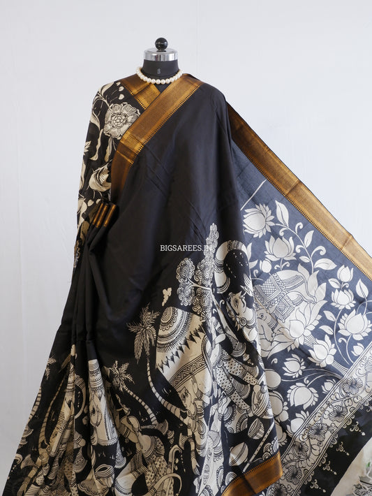 Pen Kalamkari Hand-Painted Saree with Blouse | Mangalgiri Silk | Black & White