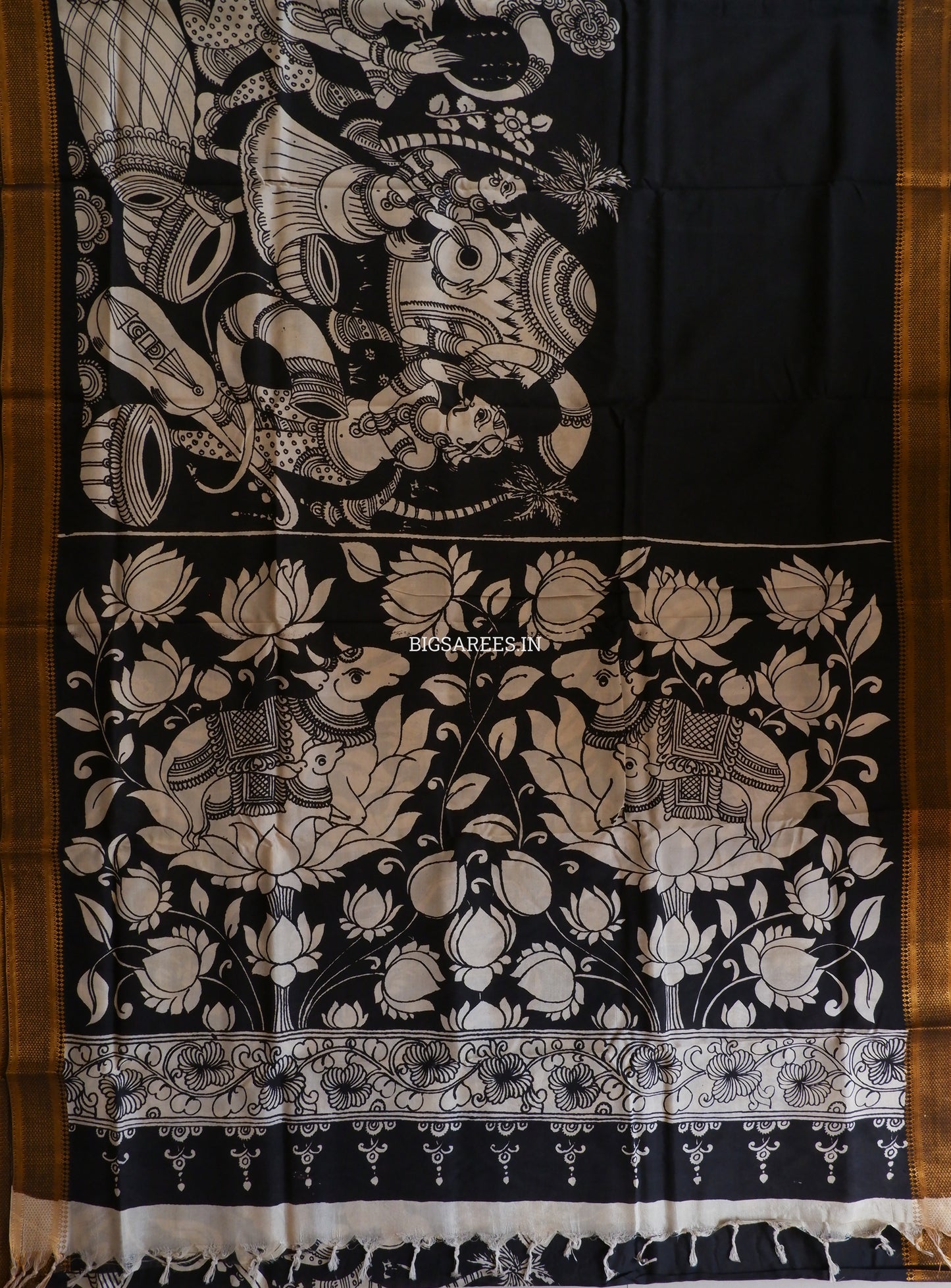 Pen Kalamkari Hand-Painted Saree with Blouse | Mangalgiri Silk | Black & White