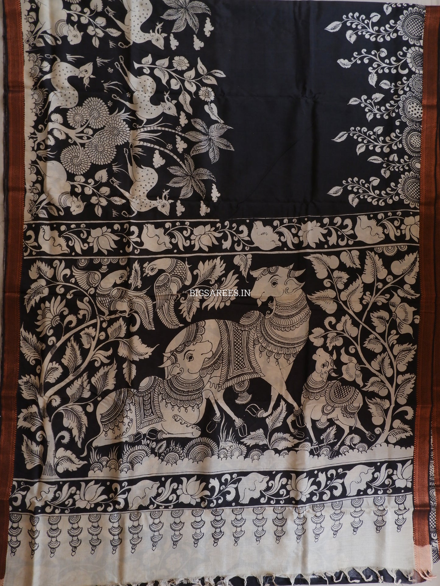Pen Kalamkari Hand-Painted Saree with Blouse | Mangalgiri Silk | Black & White
