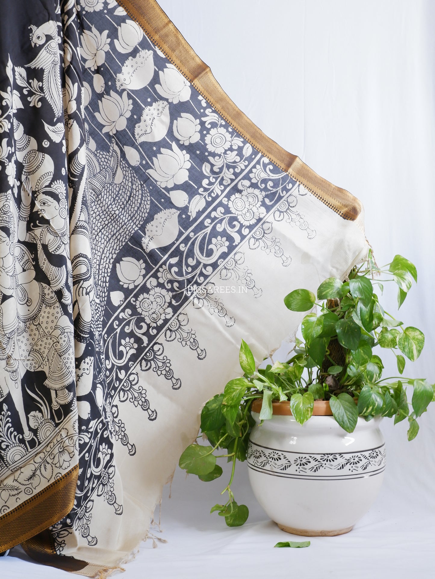 Pen Kalamkari Hand-Painted Saree with Blouse | Mangalgiri Silk | Black & White