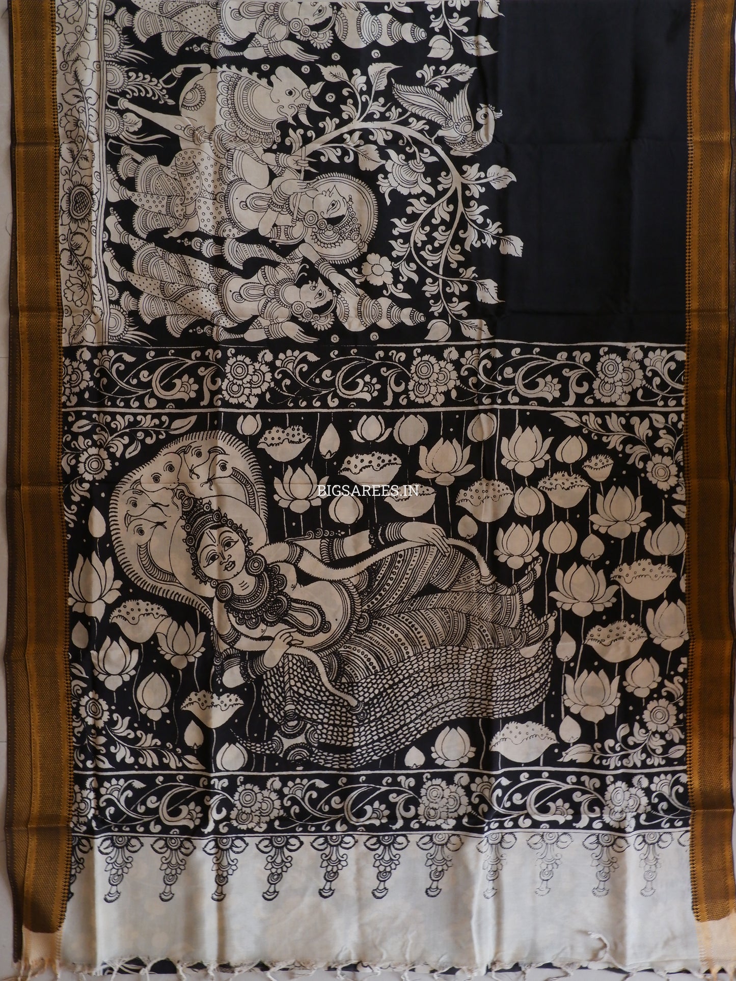 Pen Kalamkari Hand-Painted Saree with Blouse | Mangalgiri Silk | Black & White