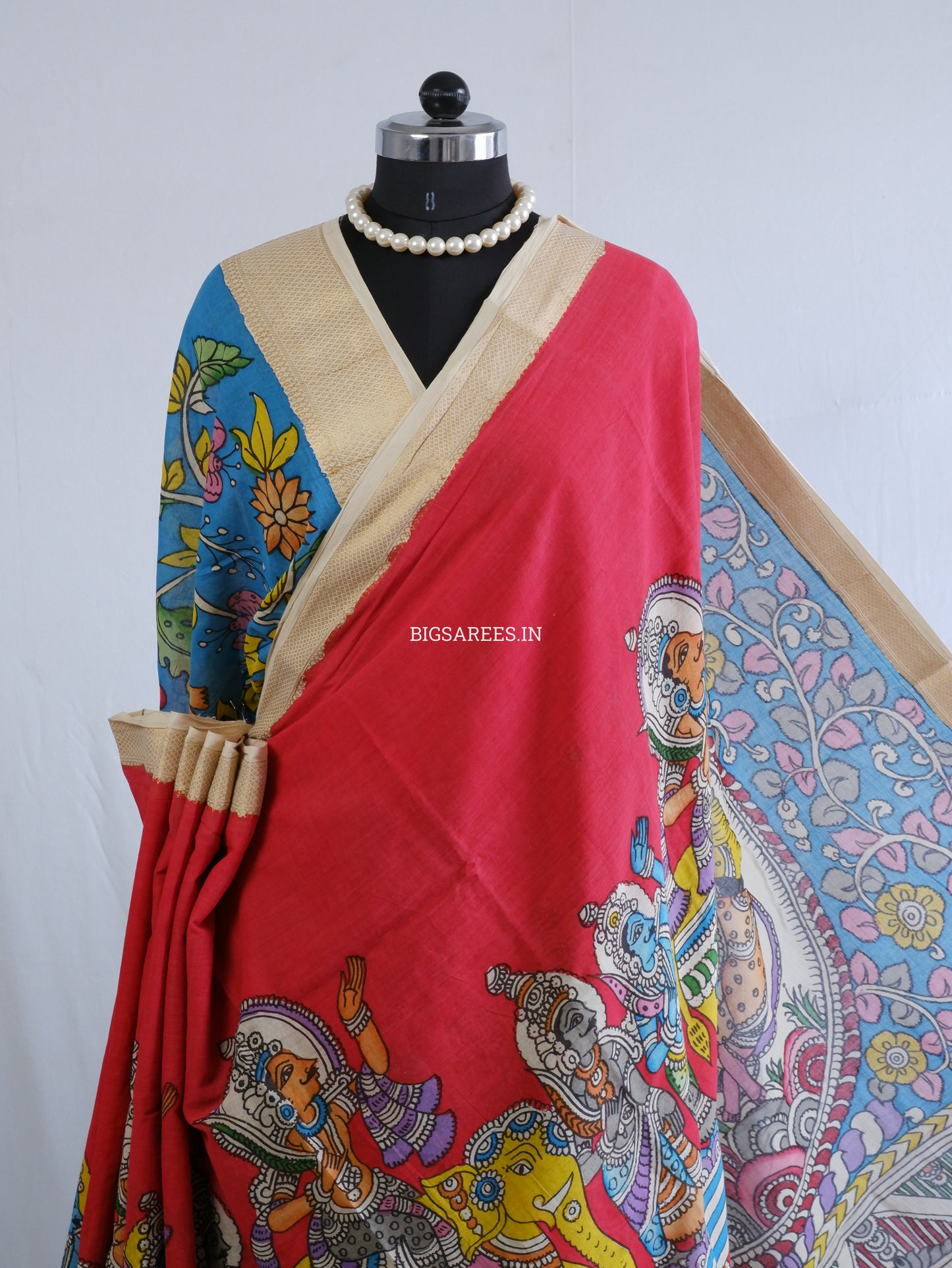 Pen Kalamkari hand painted pure cotton Saree with blouse