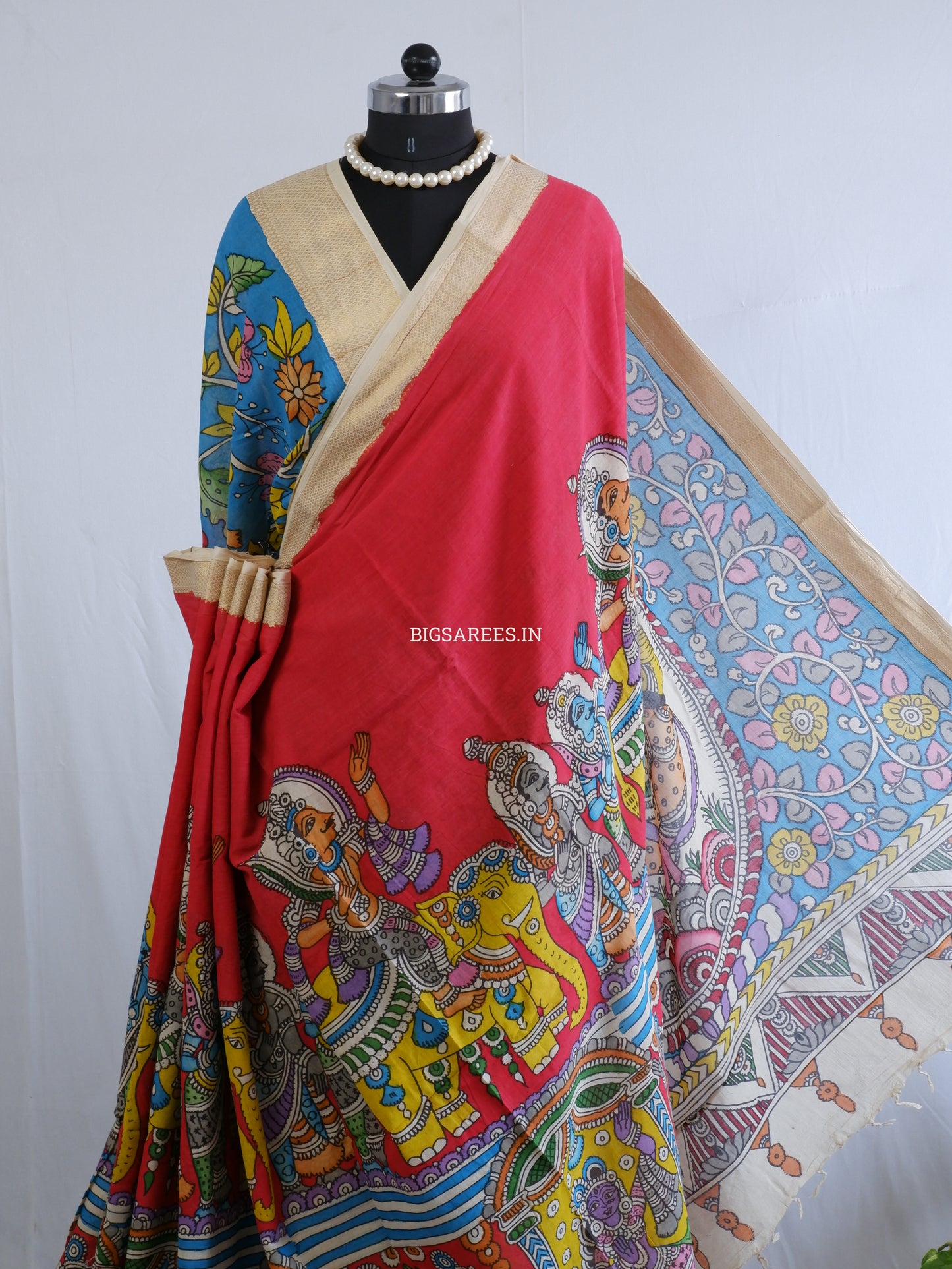Pen Kalamkari hand painted pure cotton Saree with blouse