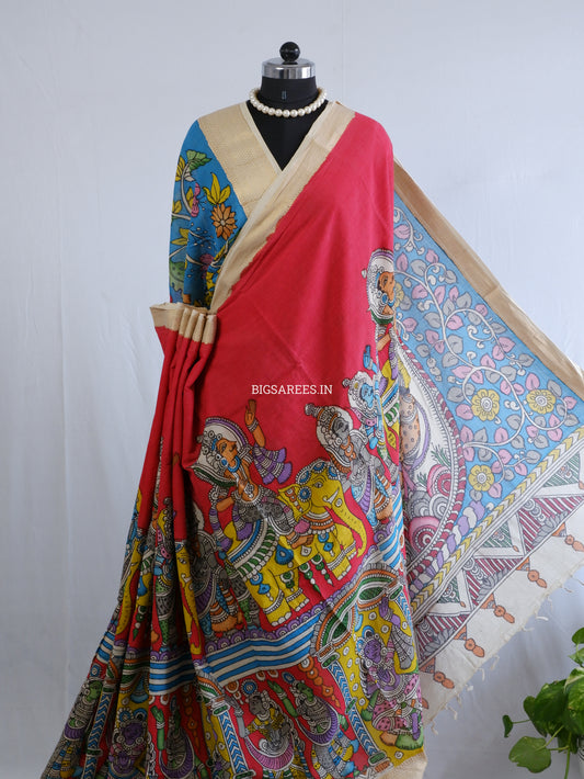 Pen Kalamkari hand painted pure cotton Saree with blouse