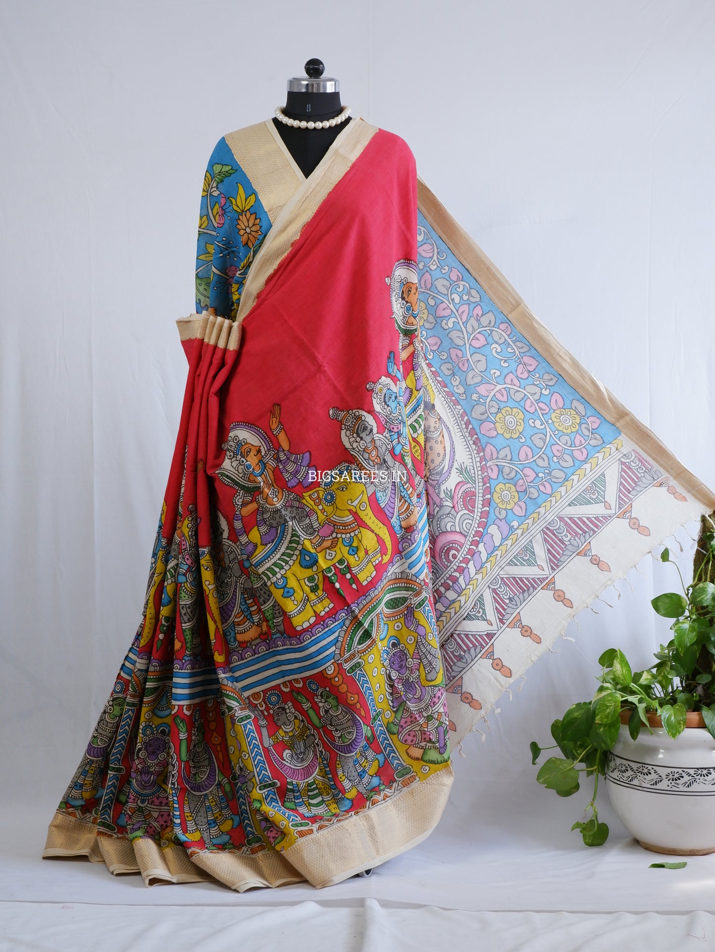 Pen Kalamkari hand painted pure cotton Saree with blouse