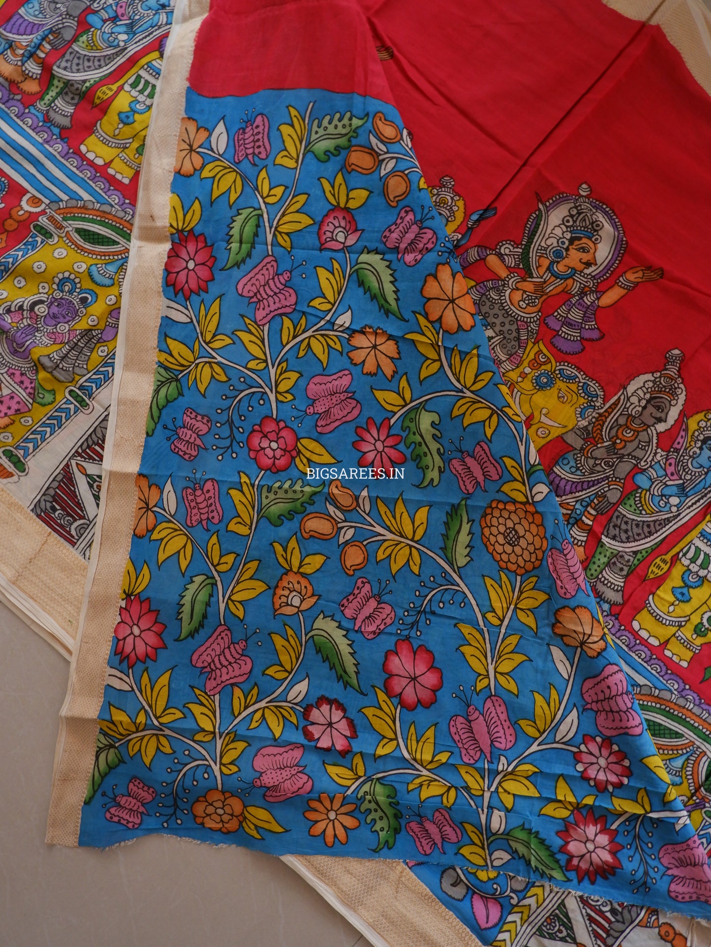 Pen Kalamkari hand painted pure cotton Saree with blouse