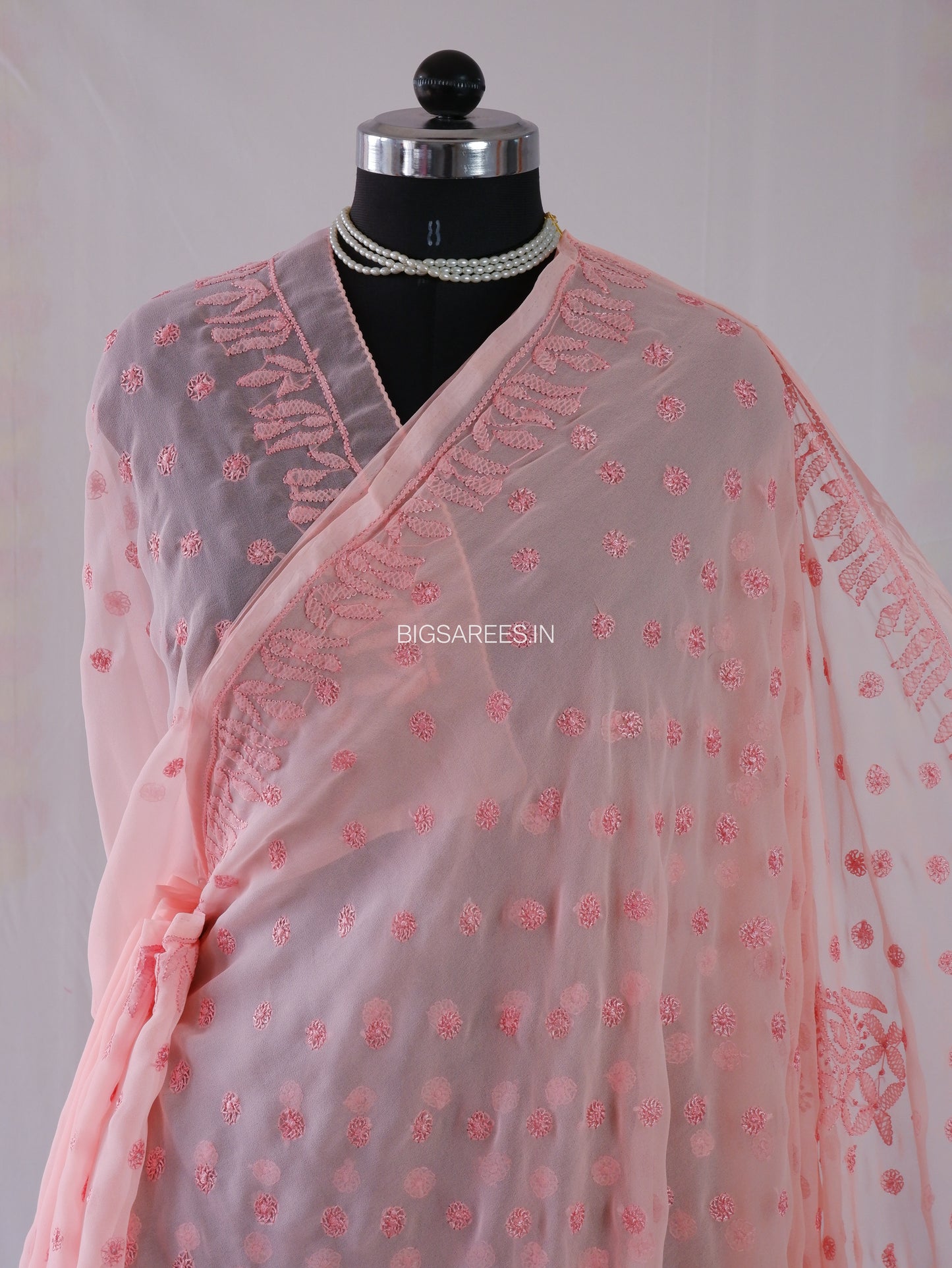 Chikankari Hand Embroidered Saree | Semi Georgette | Peach