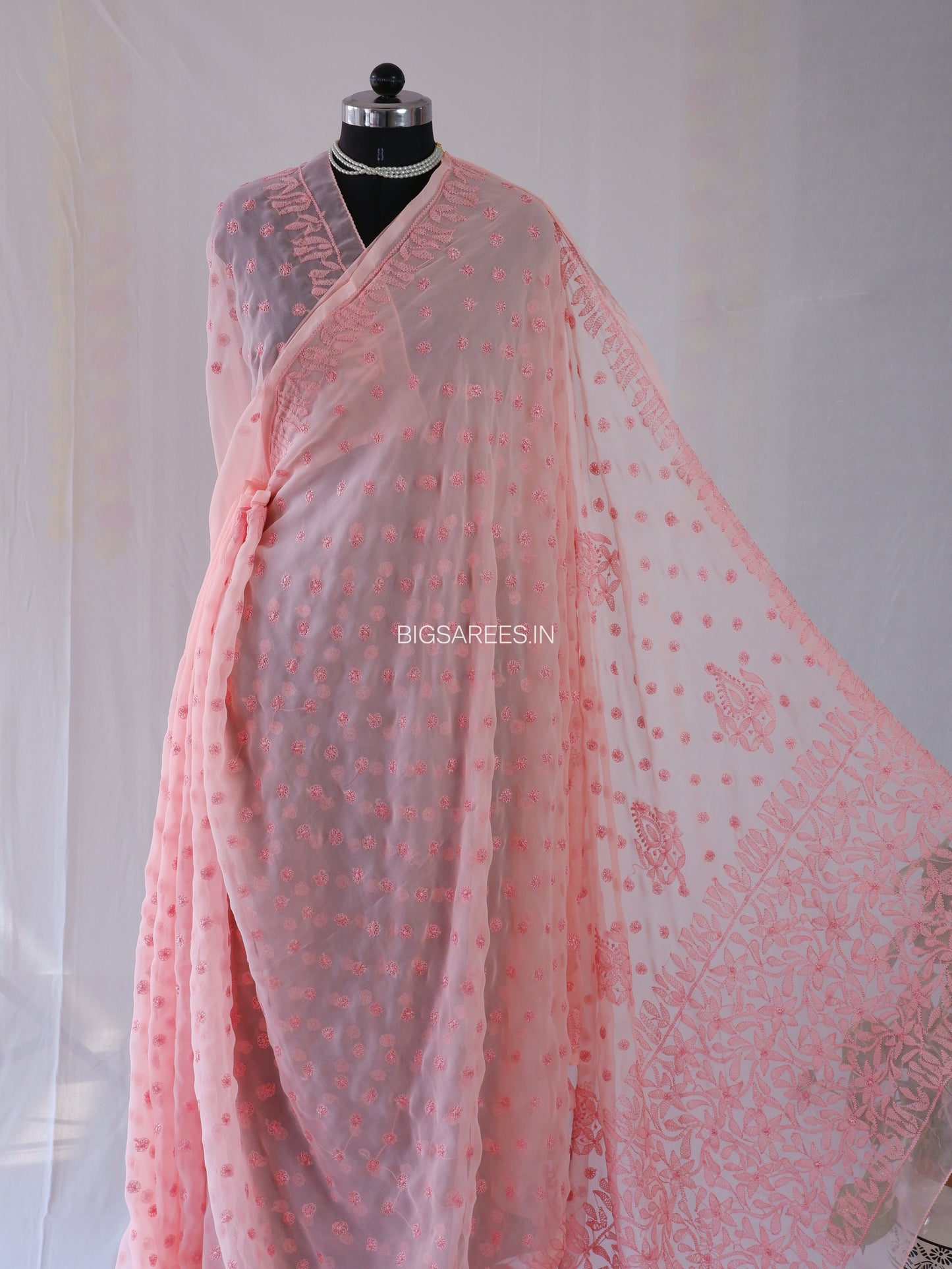 Chikankari Hand Embroidered Saree | Semi Georgette | Peach