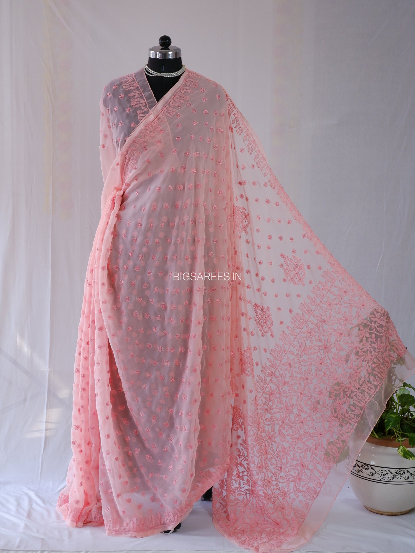 Chikankari Hand Embroidered Saree | Semi Georgette | Peach