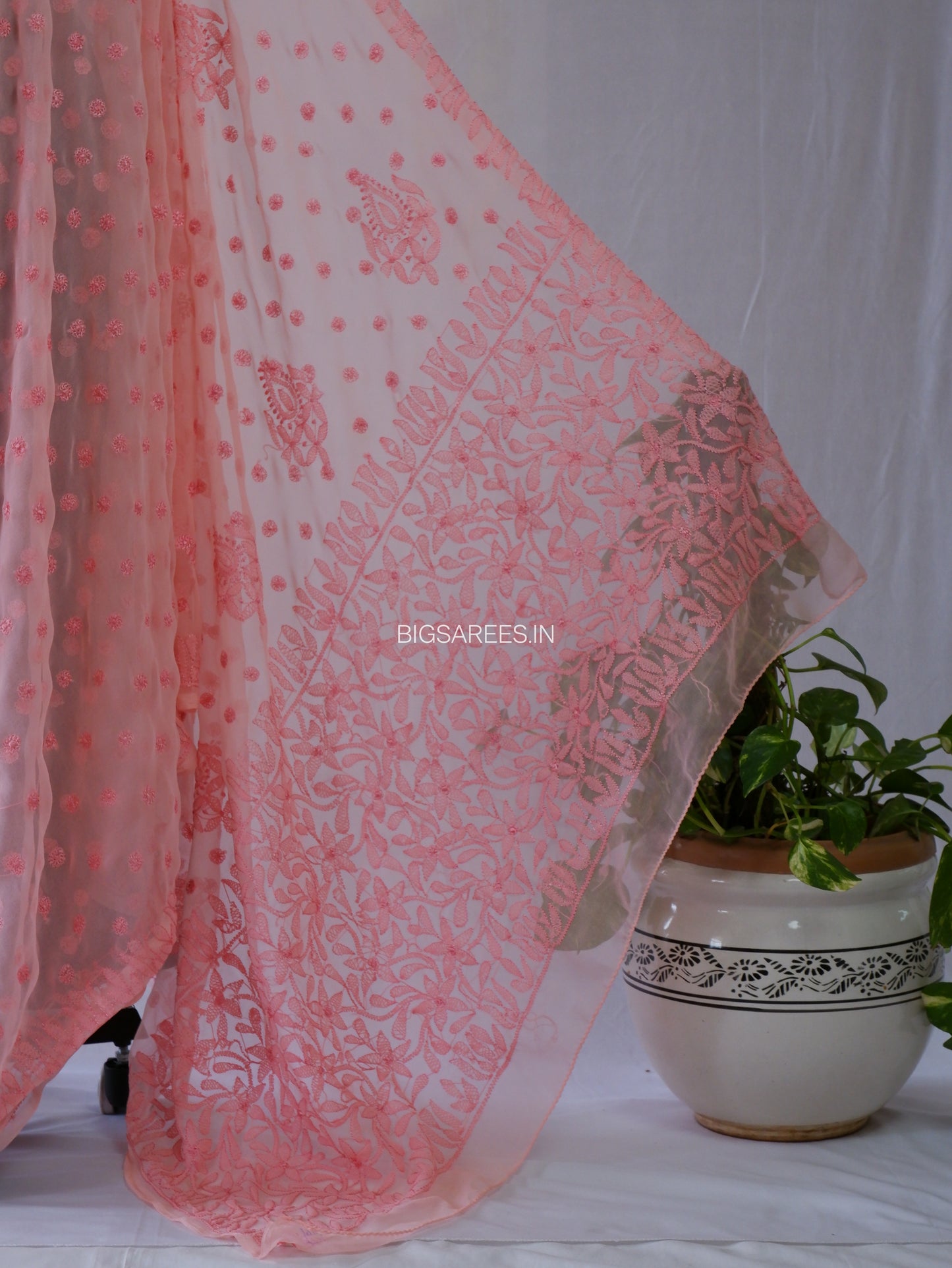 Chikankari Hand Embroidered Saree | Semi Georgette | Peach