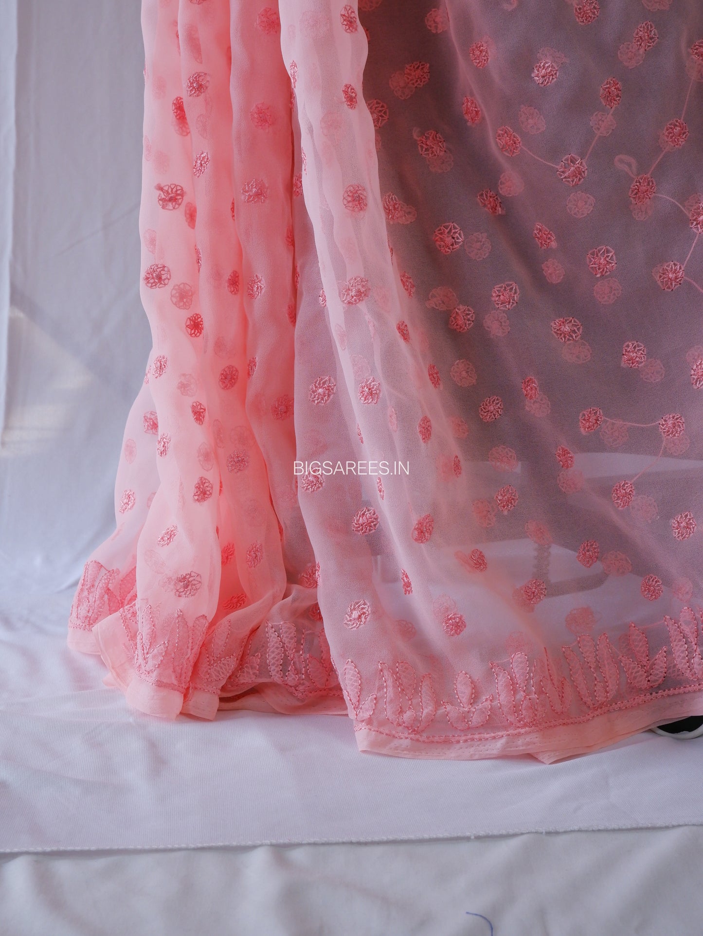 Chikankari Hand Embroidered Saree | Semi Georgette | Peach