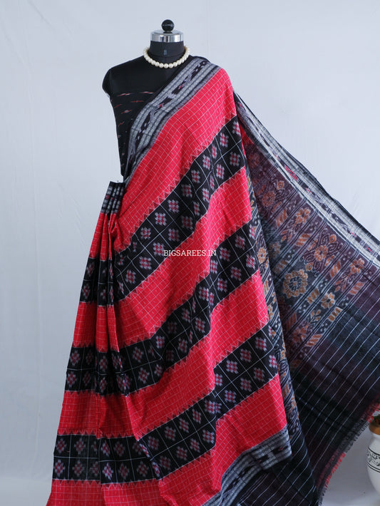 Sambalpuri Ikat Handwoven Saree | Cotton | Red/Black