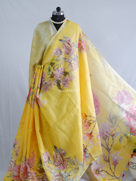 Digital Print Saree | Linen by Linen | Yellow