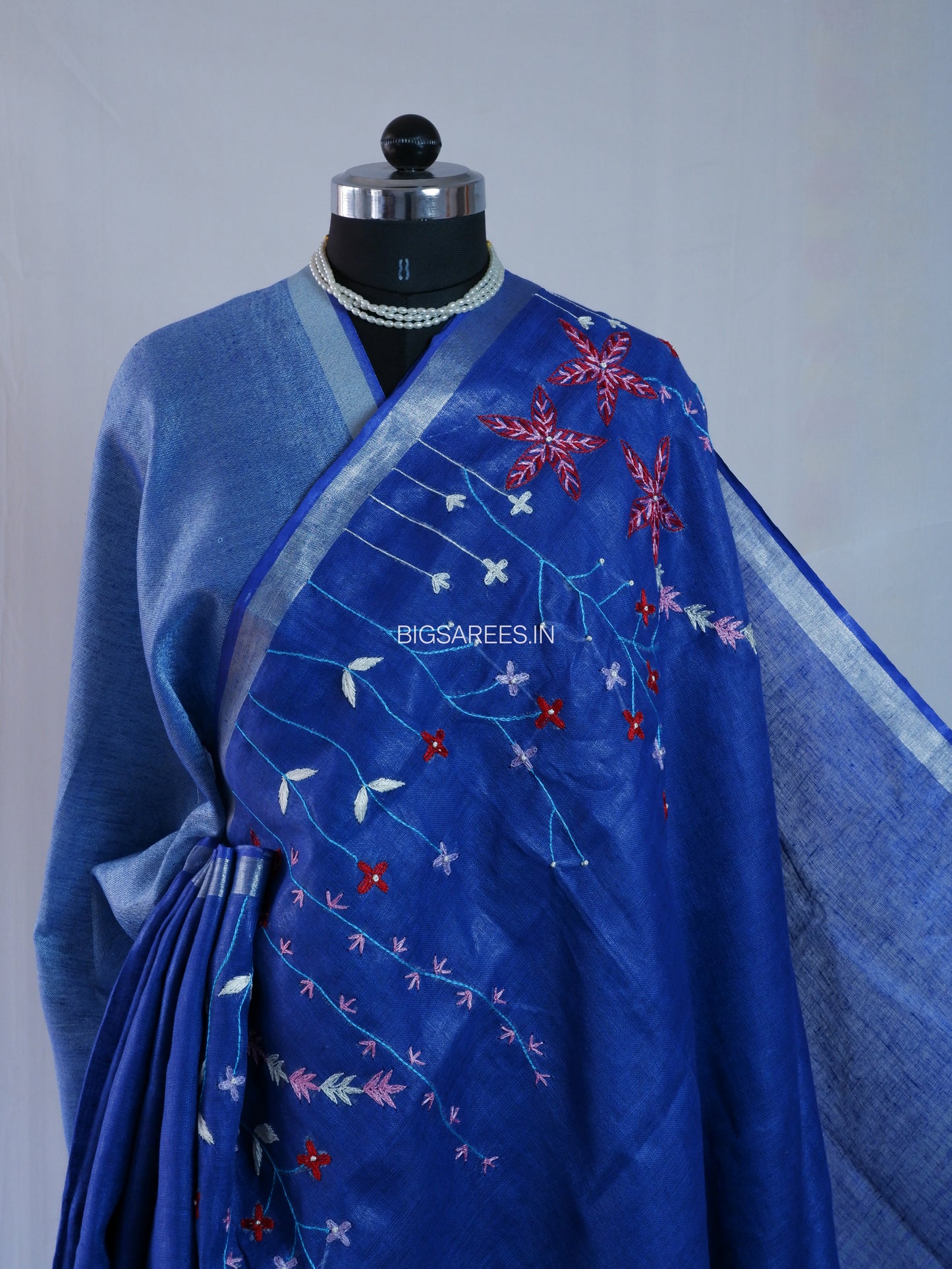 Hand-Embroidered Linen Saree With Blouse | Linen by Linen | Deep Blue