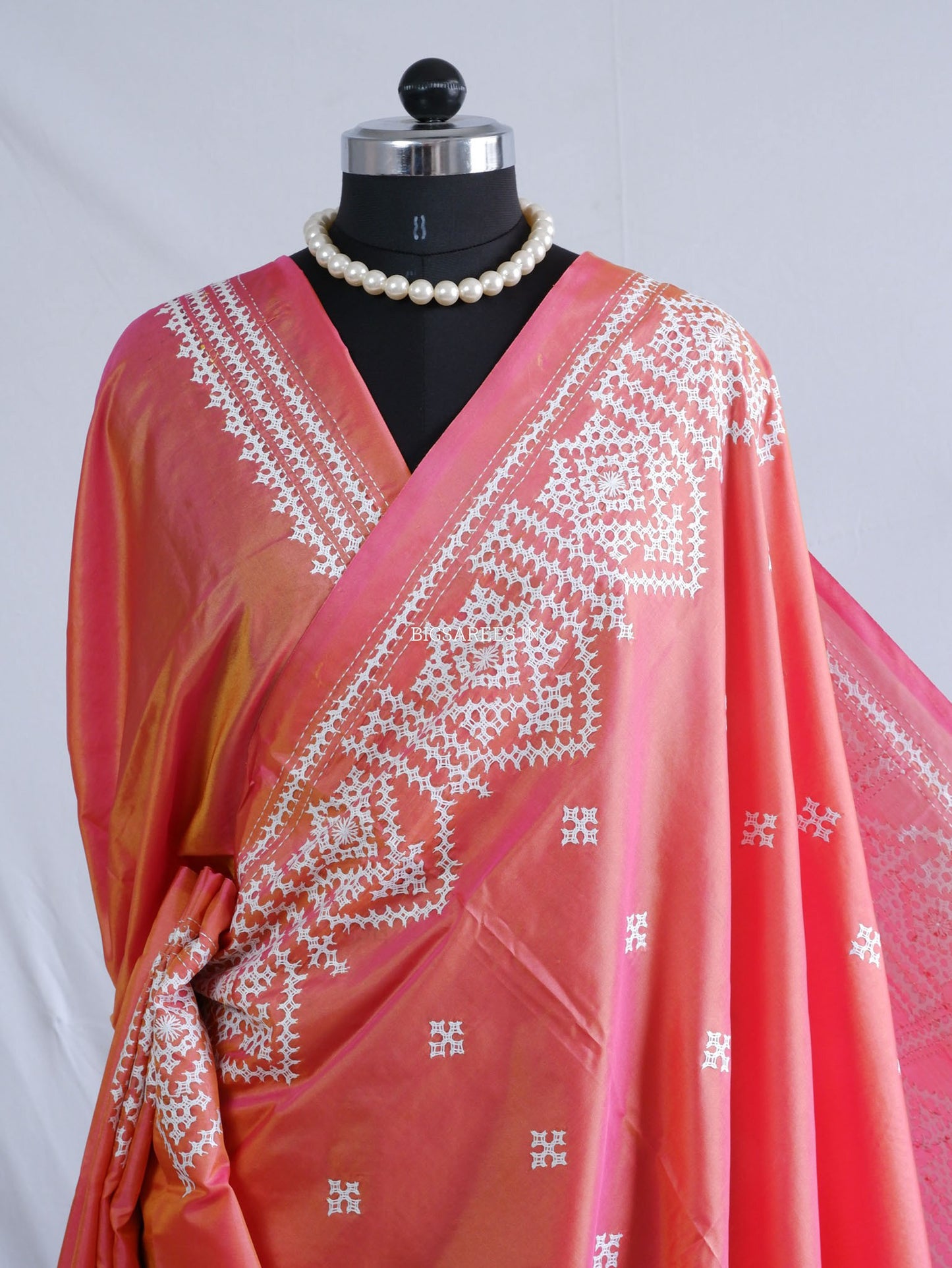 Kutchi/Gujarati Hand Embroidered Saree  | Blended Bangalore Silk / Art Silk | Carrot Pink (Dual Tone)