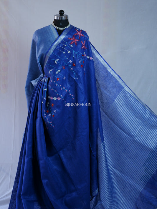 Hand-Embroidered Linen Saree With Blouse | Linen by Linen | Deep Blue