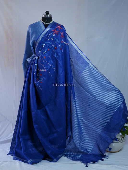 Hand-Embroidered Linen Saree With Blouse | Linen by Linen | Deep Blue