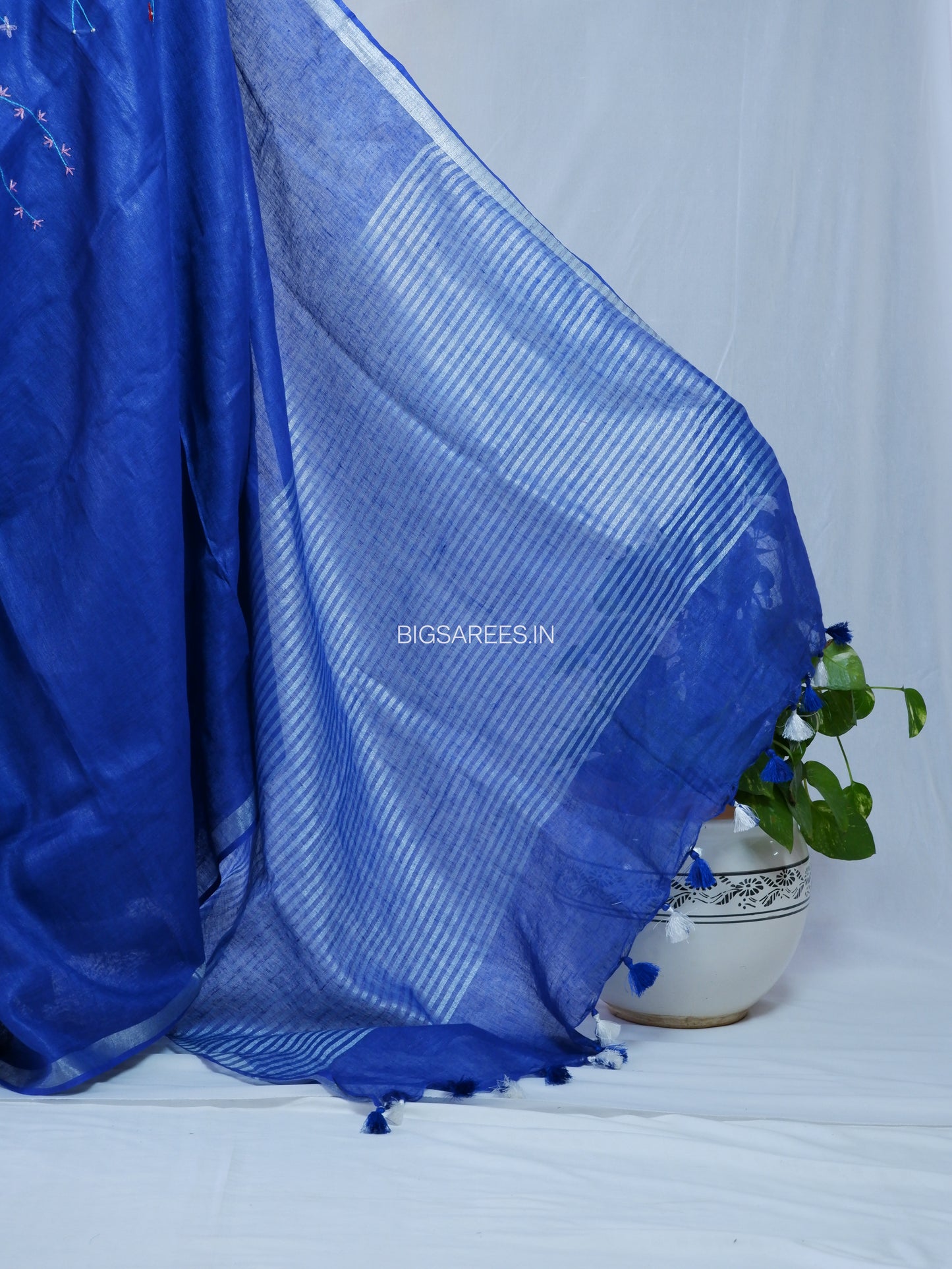 Hand-Embroidered Linen Saree With Blouse | Linen by Linen | Deep Blue