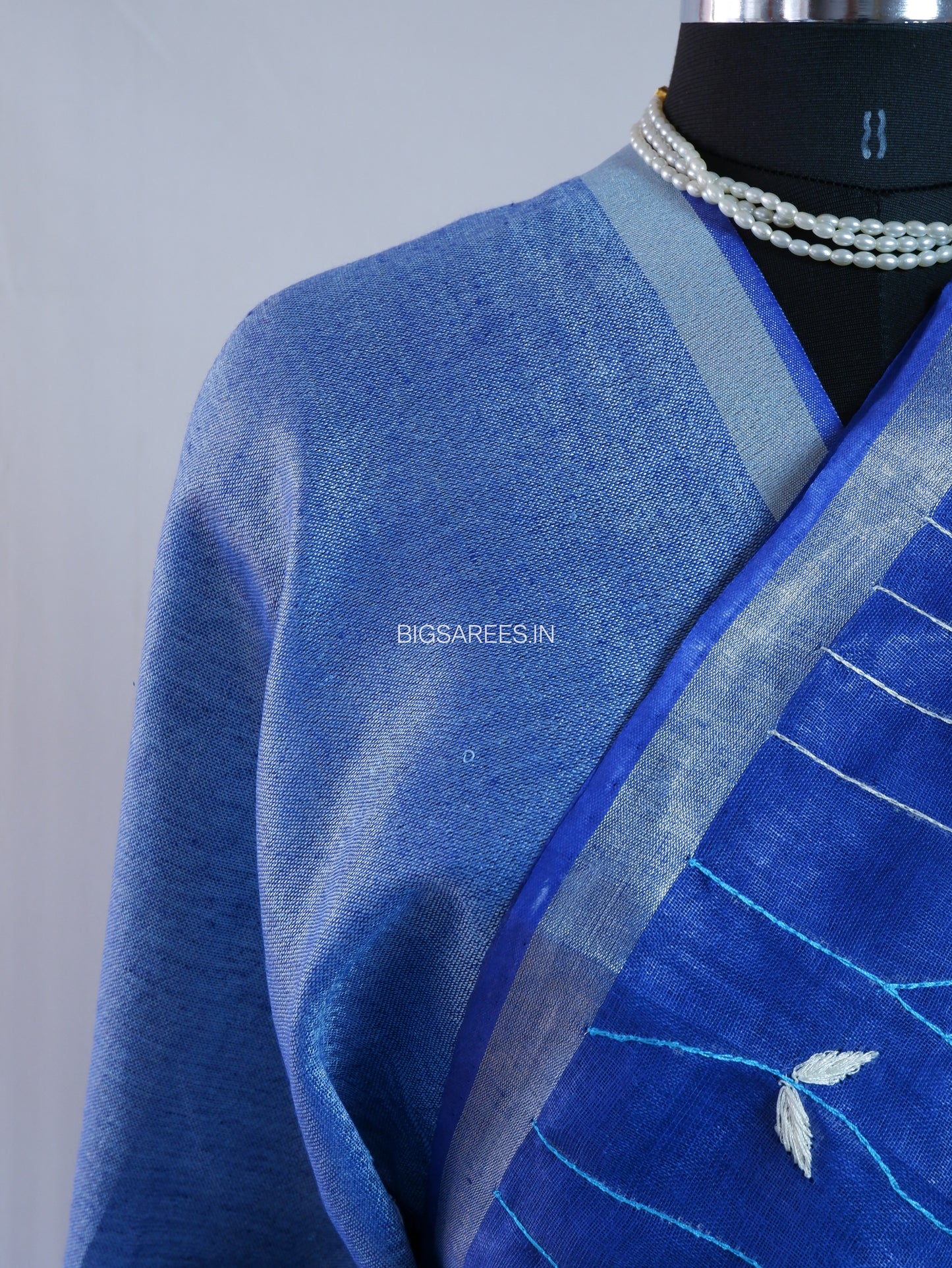 Hand-Embroidered Linen Saree With Blouse | Linen by Linen | Deep Blue