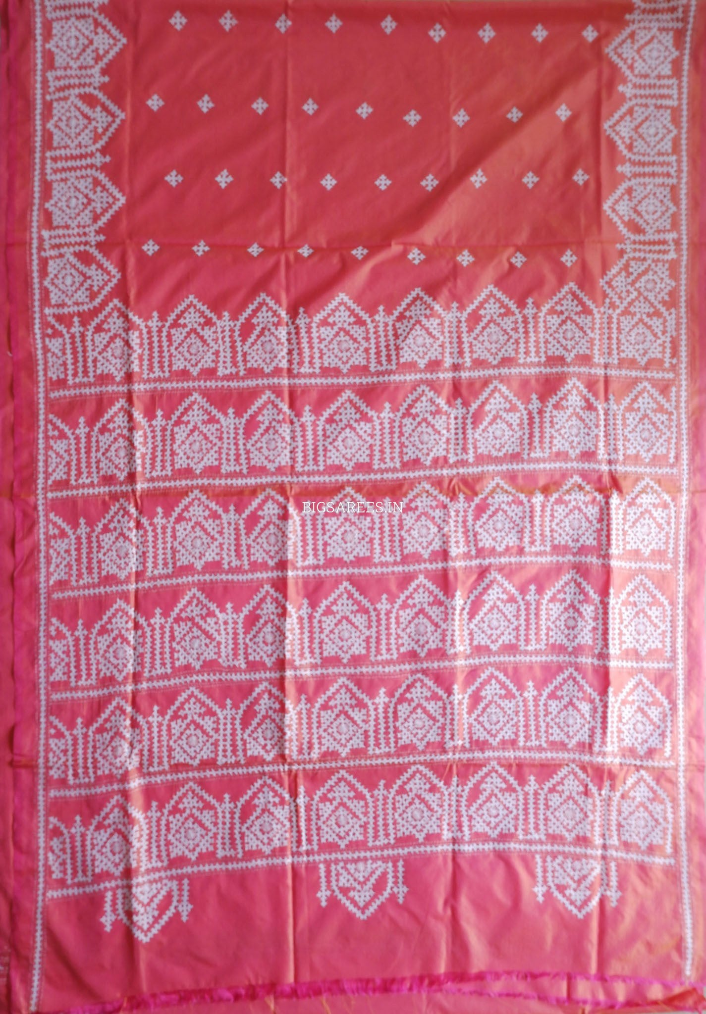 Kutchi/Gujarati Hand Embroidered Saree  | Blended Bangalore Silk / Art Silk | Carrot Pink (Dual Tone)
