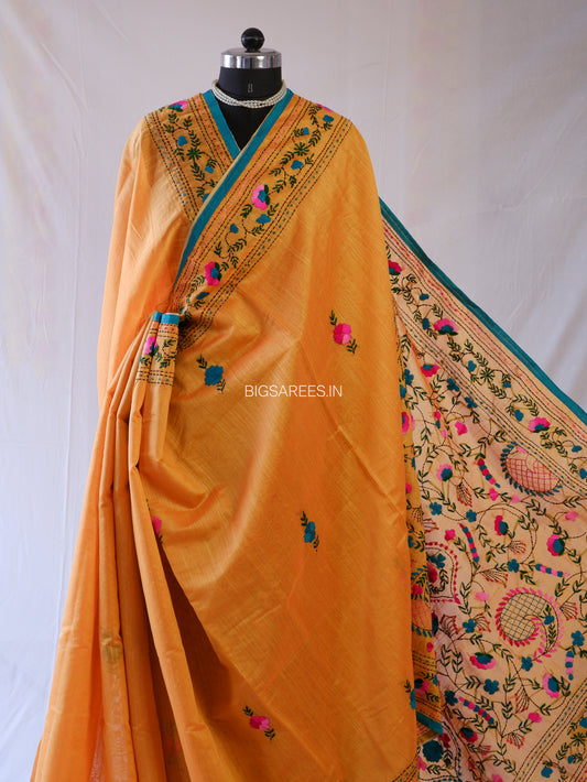 Phulkari Hand-Embroidered Saree | Chanderi Silk | Deep Yellow