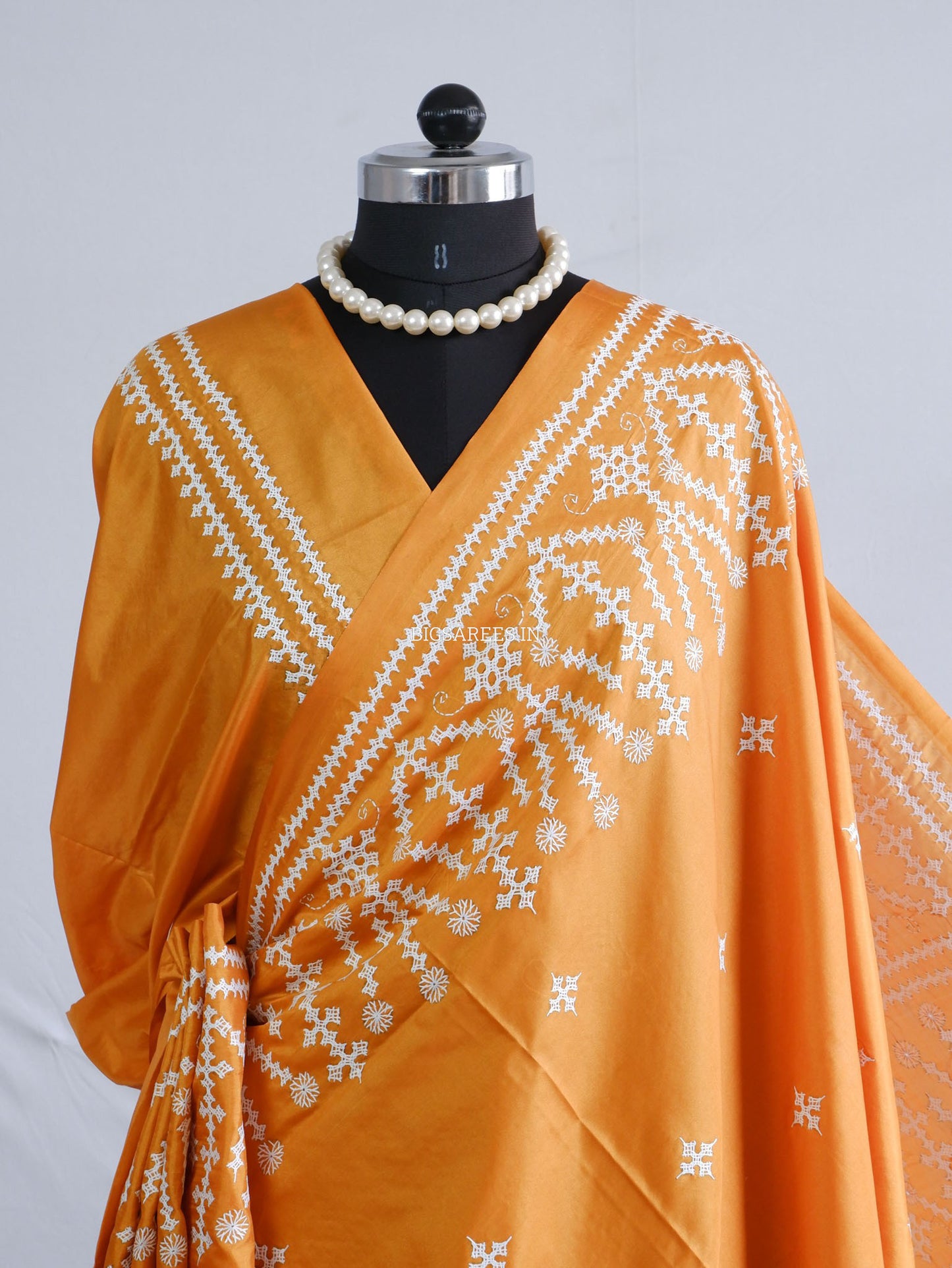 Kutchi/Gujarati Hand Embroidered Saree  | Blended Bangalore Silk / Art Silk | Orange