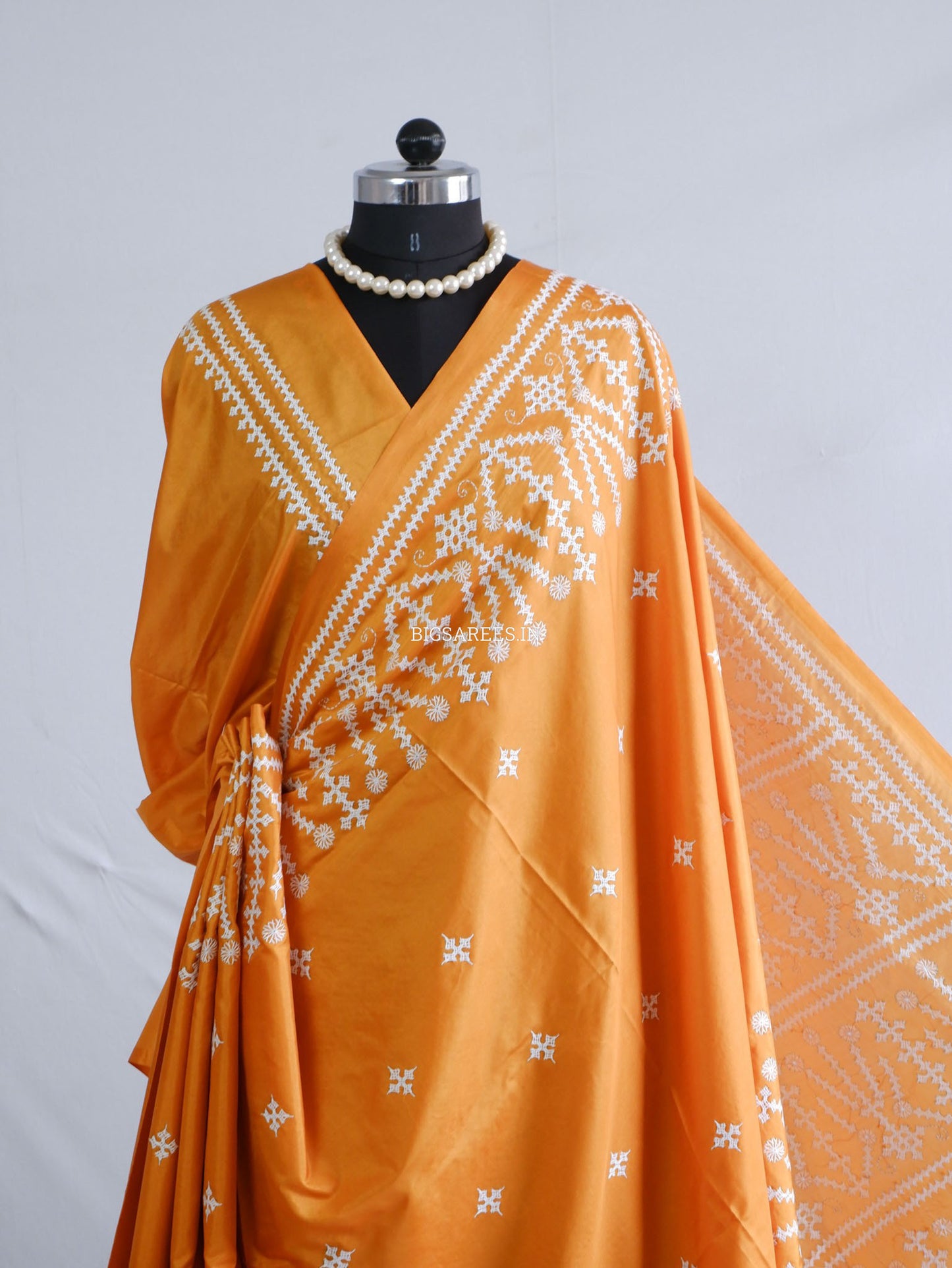 Kutchi/Gujarati Hand Embroidered Saree  | Blended Bangalore Silk / Art Silk | Orange