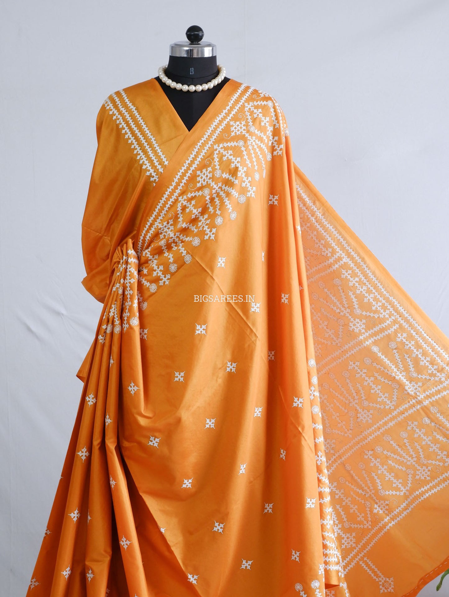 Kutchi/Gujarati Hand Embroidered Saree  | Blended Bangalore Silk / Art Silk | Orange