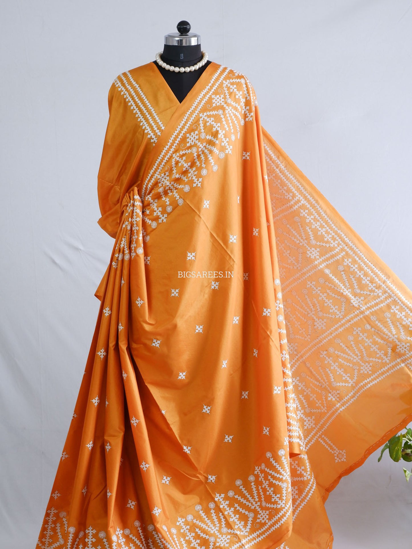Kutchi/Gujarati Hand Embroidered Saree  | Blended Bangalore Silk / Art Silk | Orange