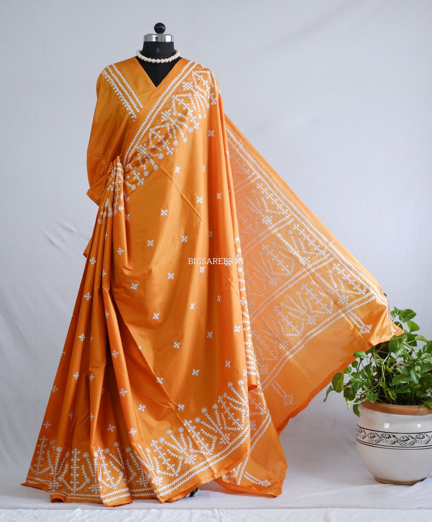 Kutchi/Gujarati Hand Embroidered Saree  | Blended Bangalore Silk / Art Silk | Orange