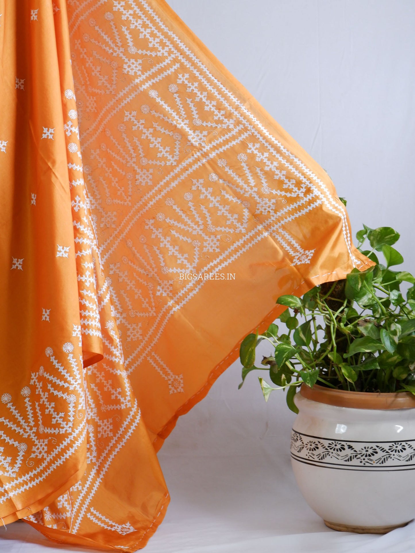 Kutchi/Gujarati Hand Embroidered Saree  | Blended Bangalore Silk / Art Silk | Orange