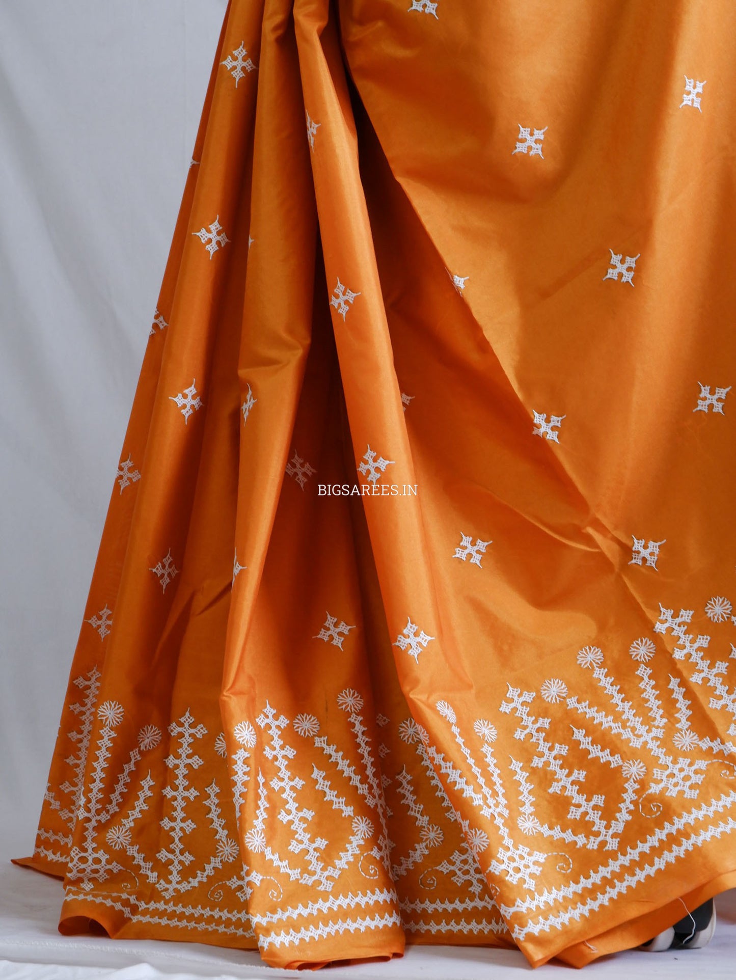 Kutchi/Gujarati Hand Embroidered Saree  | Blended Bangalore Silk / Art Silk | Orange
