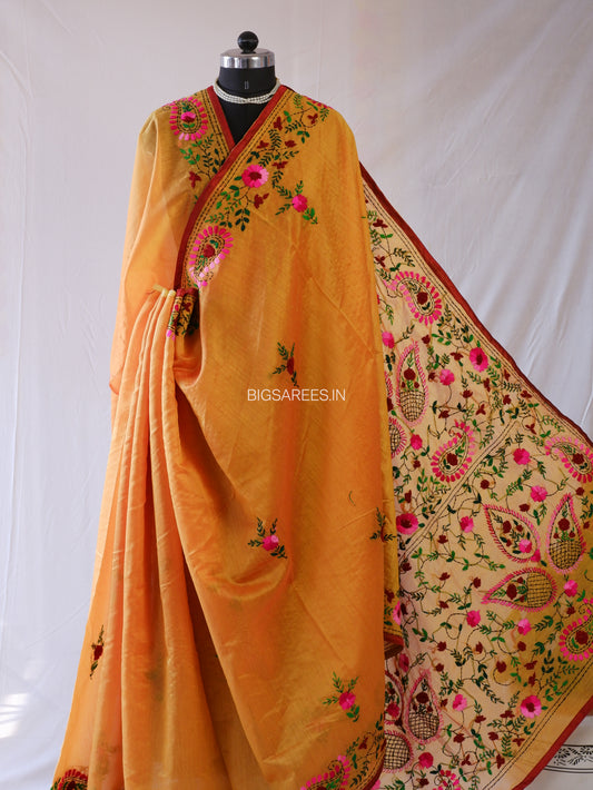 Phulkari Hand-Embroidered Saree | Chanderi Silk | Yellow