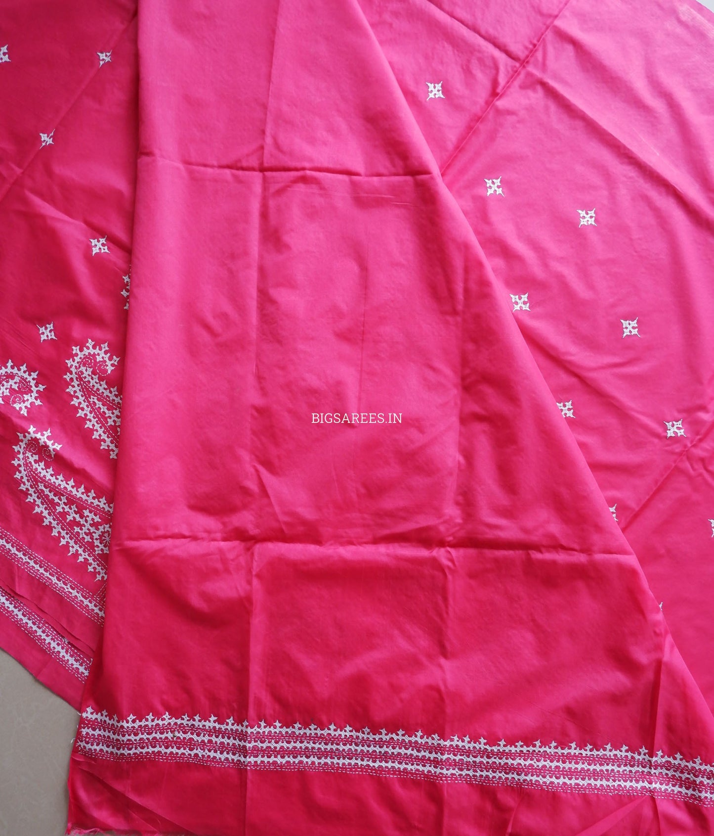 Kutchi/Gujarati Hand Embroidered Saree  | Blended Bangalore Silk / Art Silk | Pink