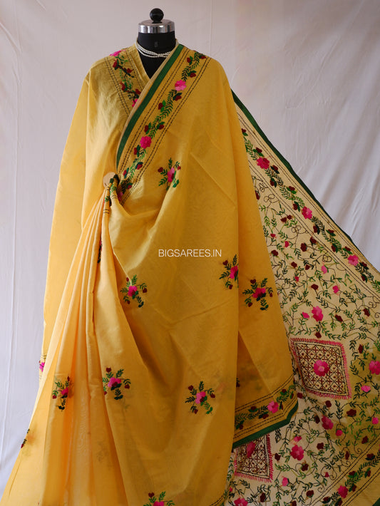 Phulkari Hand-Embroidered Saree | Chanderi Silk | Honeycomb Yellow