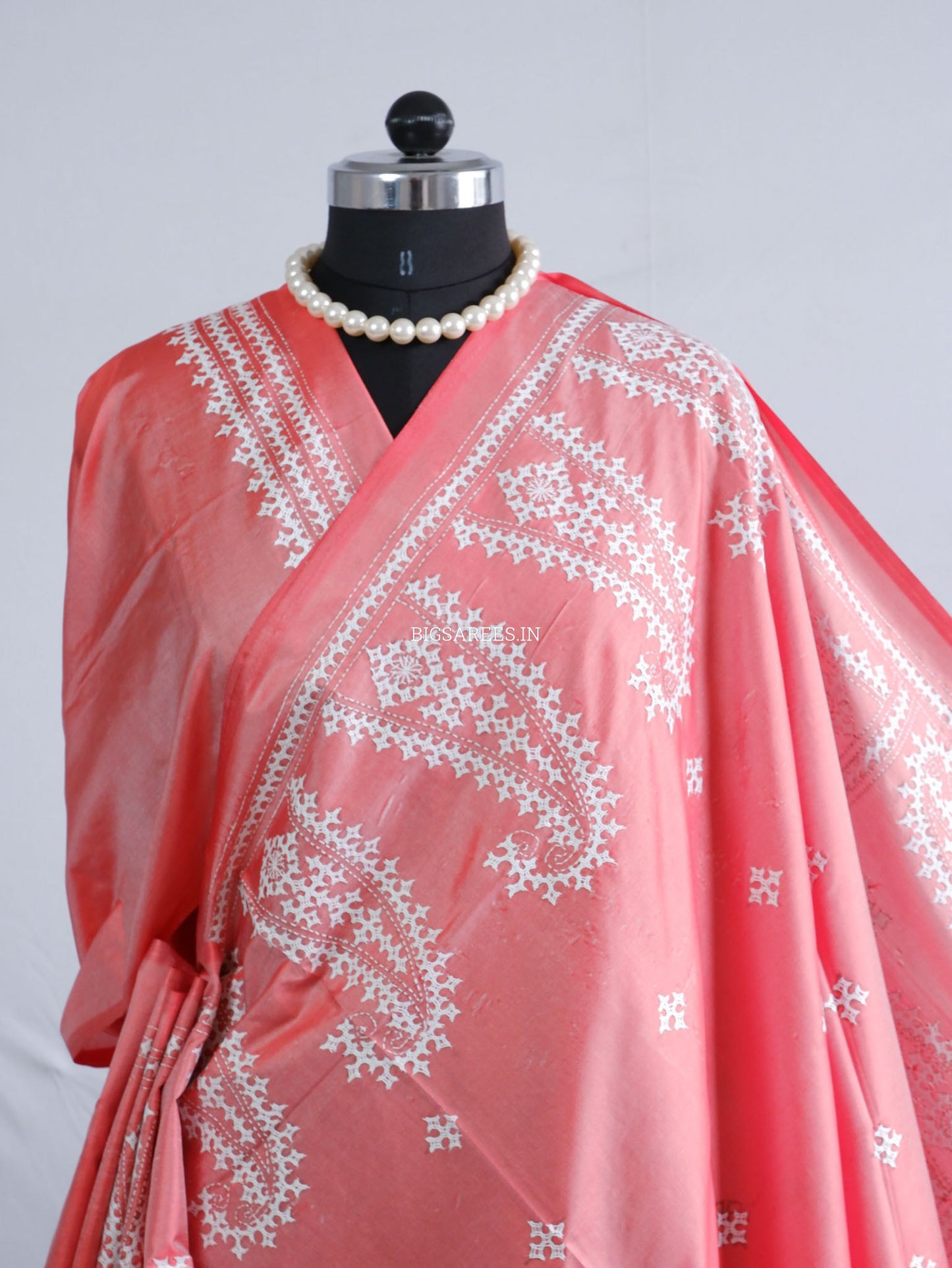 Kutchi/Gujarati Hand Embroidered Saree  | Blended Bangalore Silk / Art Silk | Cherry Pink (Dual Tone)
