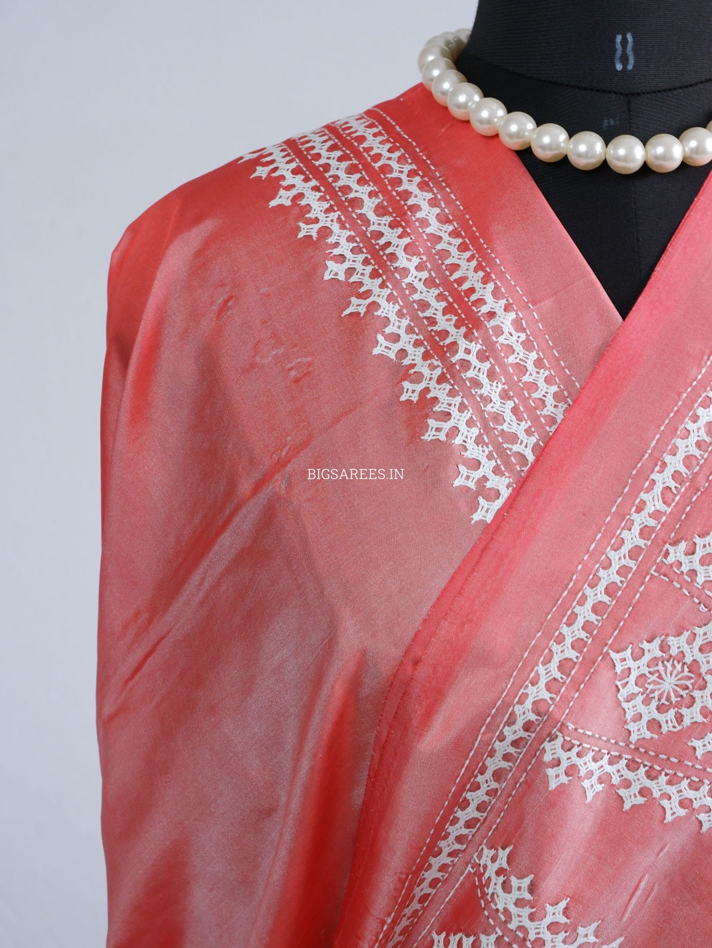 Kutchi/Gujarati Hand Embroidered Saree  | Blended Bangalore Silk / Art Silk | Cherry Pink (Dual Tone)